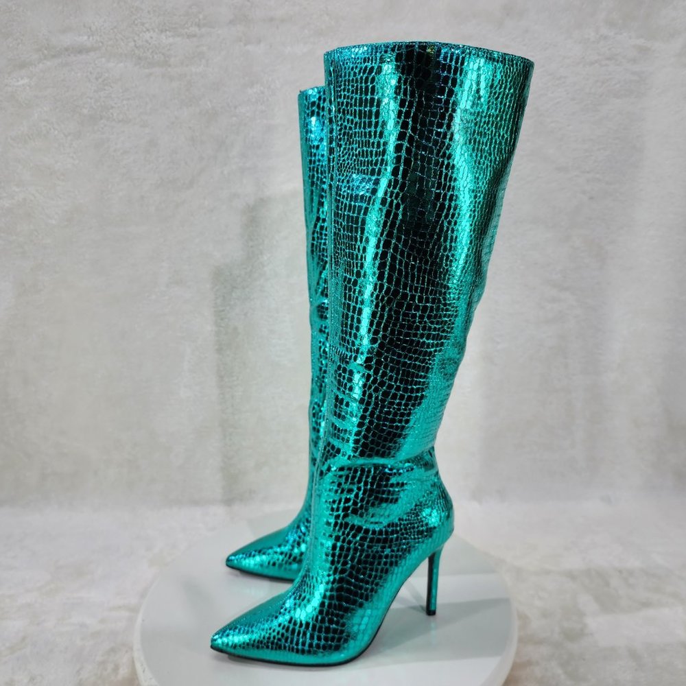 Green Metallic  Festive   Pointy Toe Boots With 4 inch Stiletto Heel - Picture 5 of 10